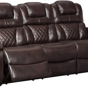 Leather Power Reclining Sofa with Adjustable Headrest, Brown