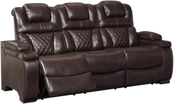 Leather Power Reclining Sofa with Adjustable Headrest, Brown