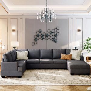 Evedy U Shaped Modular Sectional Sofa with Wide Chaise Lounge, Oversized Modern Sofa with Solid Wood Legs Support, Upholstered Fabric Sofas & Couches for Living Room, Office, Spacious Space-Grey