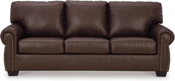 Classic Leather Match Sofa with Nailheads, Dark Brown