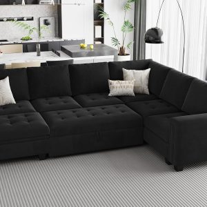 Modular Sectional Sleeper Sofa with Pull Out Bed U Shaped Sectional Sofa Couch with Storage Ottoman Velvet Covertible 7-Seater Sofa for Living Room Black