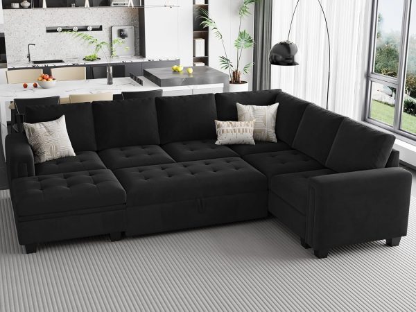 Modular Sectional Sleeper Sofa with Pull Out Bed U Shaped Sectional Sofa Couch with Storage Ottoman Velvet Covertible 7-Seater Sofa for Living Room Black