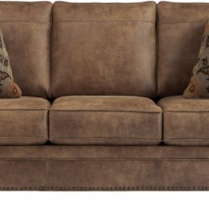 Faux Leather Queen Sofa Sleeper with Nailhead Trim and 2 Accent Pillows, Brown