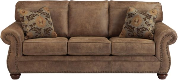 Faux Leather Queen Sofa Sleeper with Nailhead Trim and 2 Accent Pillows, Brown