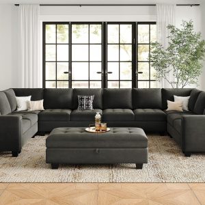 Oversized Modular Sectional Sofa U Shaped Sofa with Storage Ottoman Convertible 10-Seater Velvet Sectional Sofa with Chaises Grey