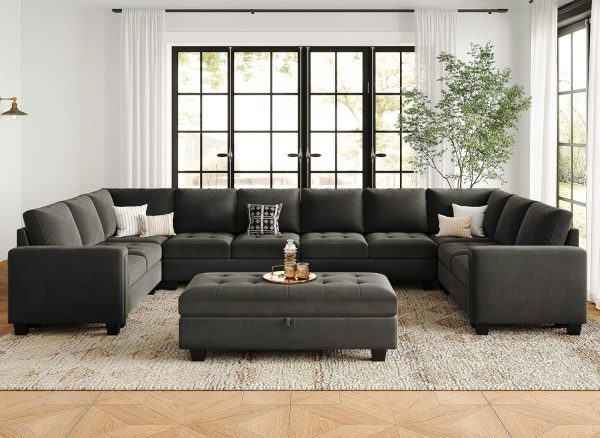 Oversized Modular Sectional Sofa U Shaped Sofa with Storage Ottoman Convertible 10-Seater Velvet Sectional Sofa with Chaises Grey