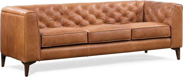 Leather Couch – 89-Inch Sofa with Tufted Back - Full Grain Leather Couch with Feather-Down Topper On Seating Surfaces – Vintage Pure-Aniline Italian Leather