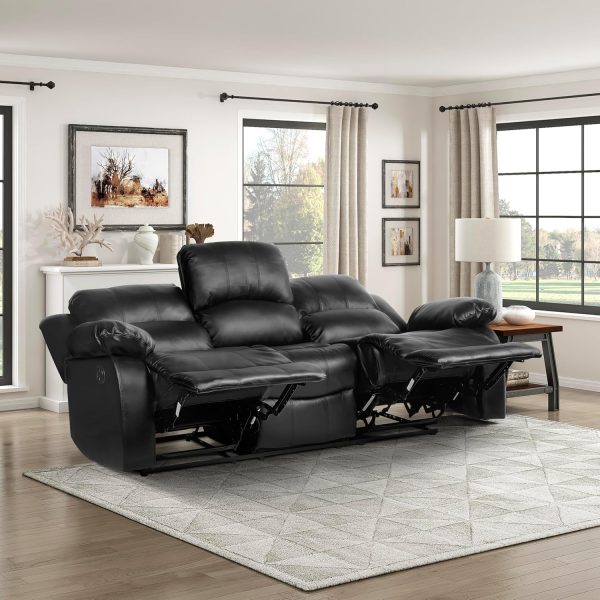 Manual Pull Tab Double Reclining Sofa Theater Seating, Wall Hugger Dual Recliner Sofa for Living Room/Office/RV, Faux Leather, 83’’W Sofa, Black